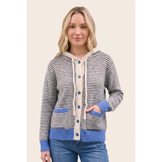 Striped Button Down Hoodie Sweater Cardigan