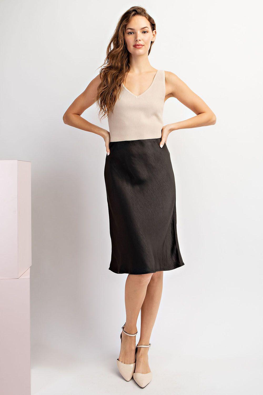 Solid Satin Midi Skirt - Black