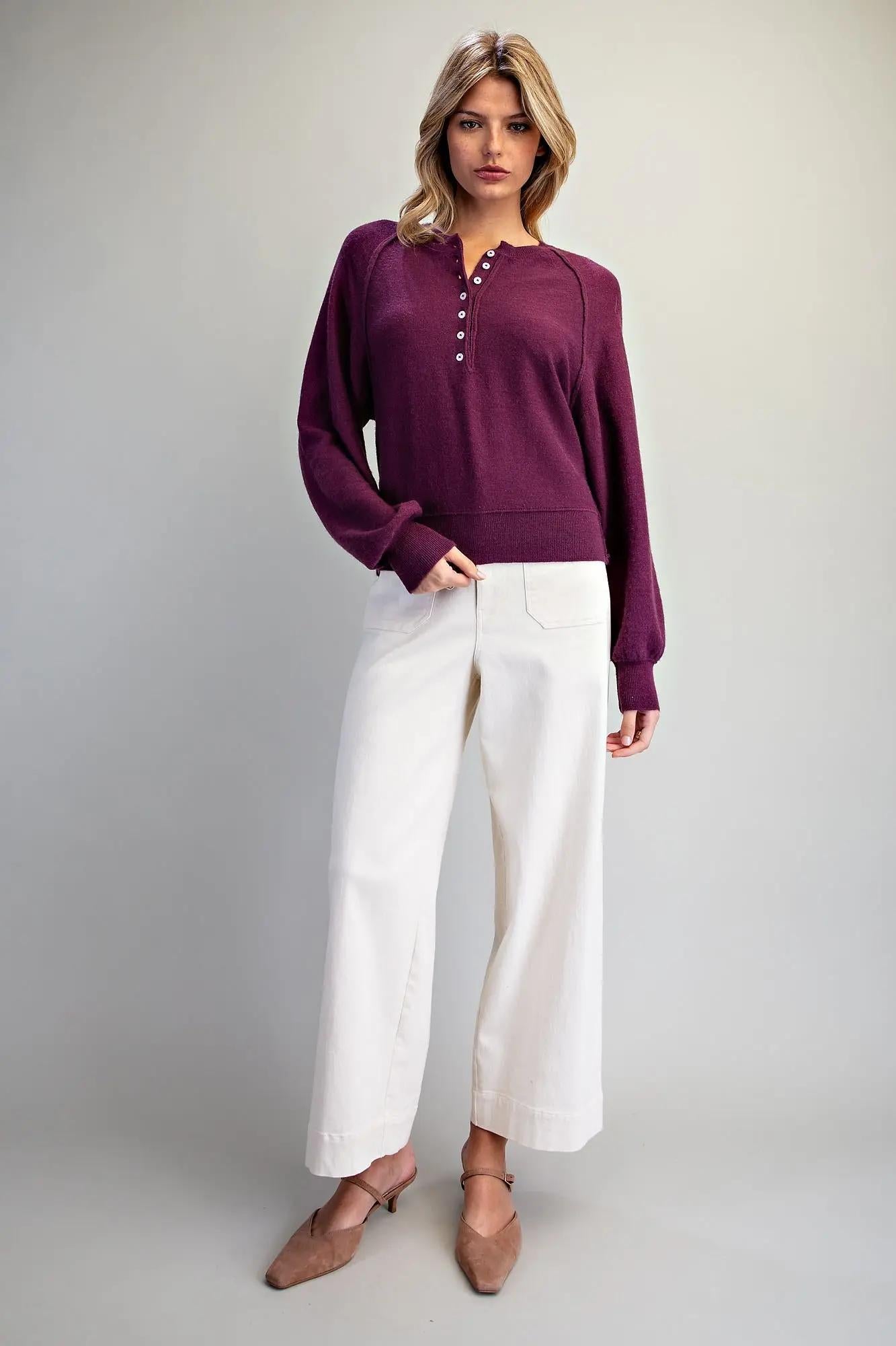 Raglan Henley Half Button Knit Sweater