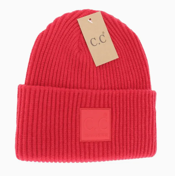 Red Ribbed Beanie with Rubber Patch