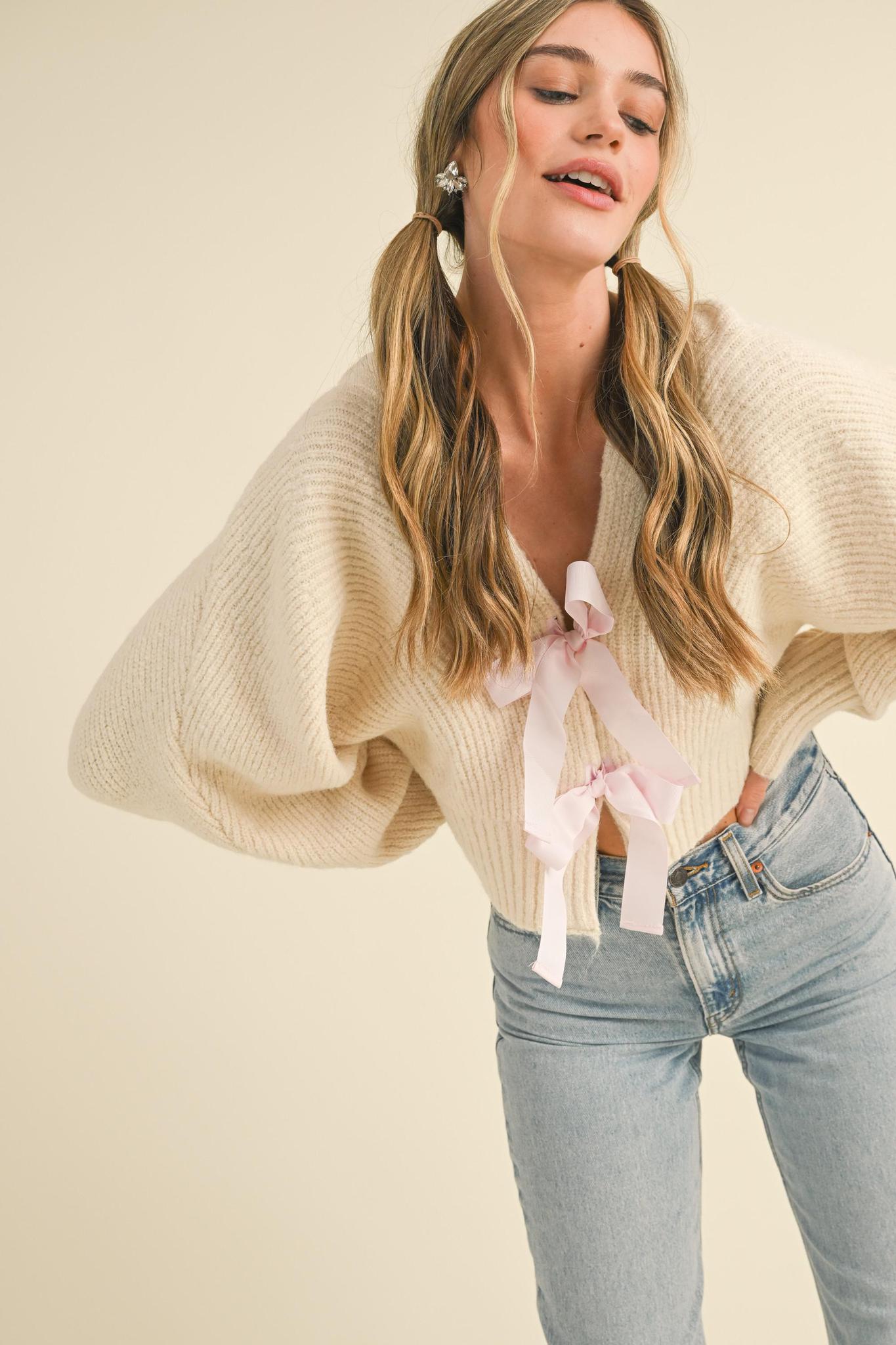 Bow-Front Crop Cardigan Sweater -Cream & Pink