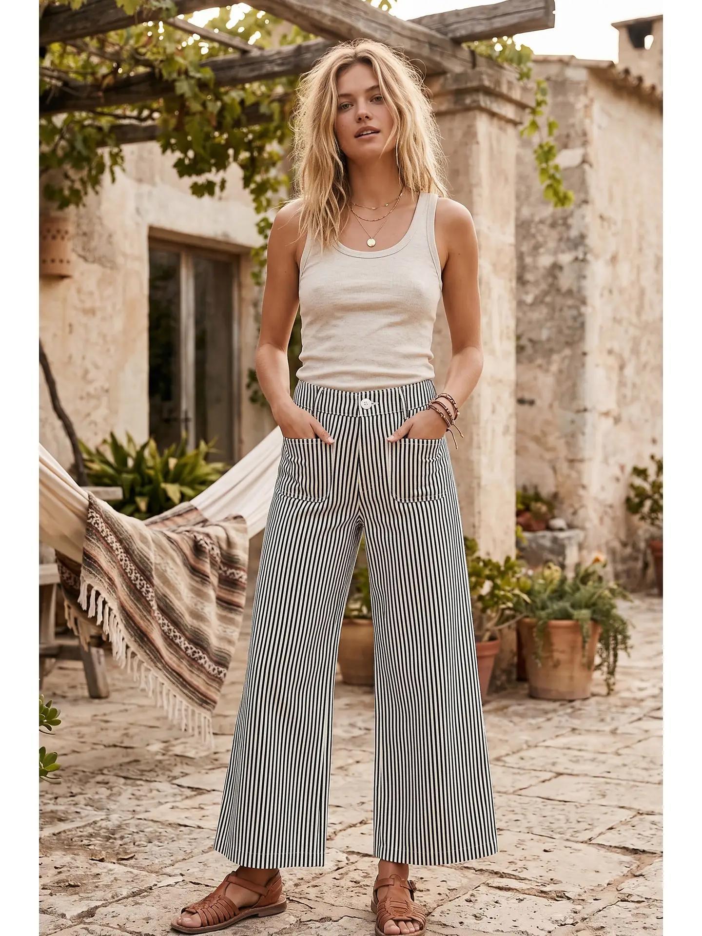 Striped Non Stretch Wide Leg Casual Pants