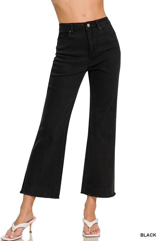 High Waist Frayed Hem Bootcut Pants-Black