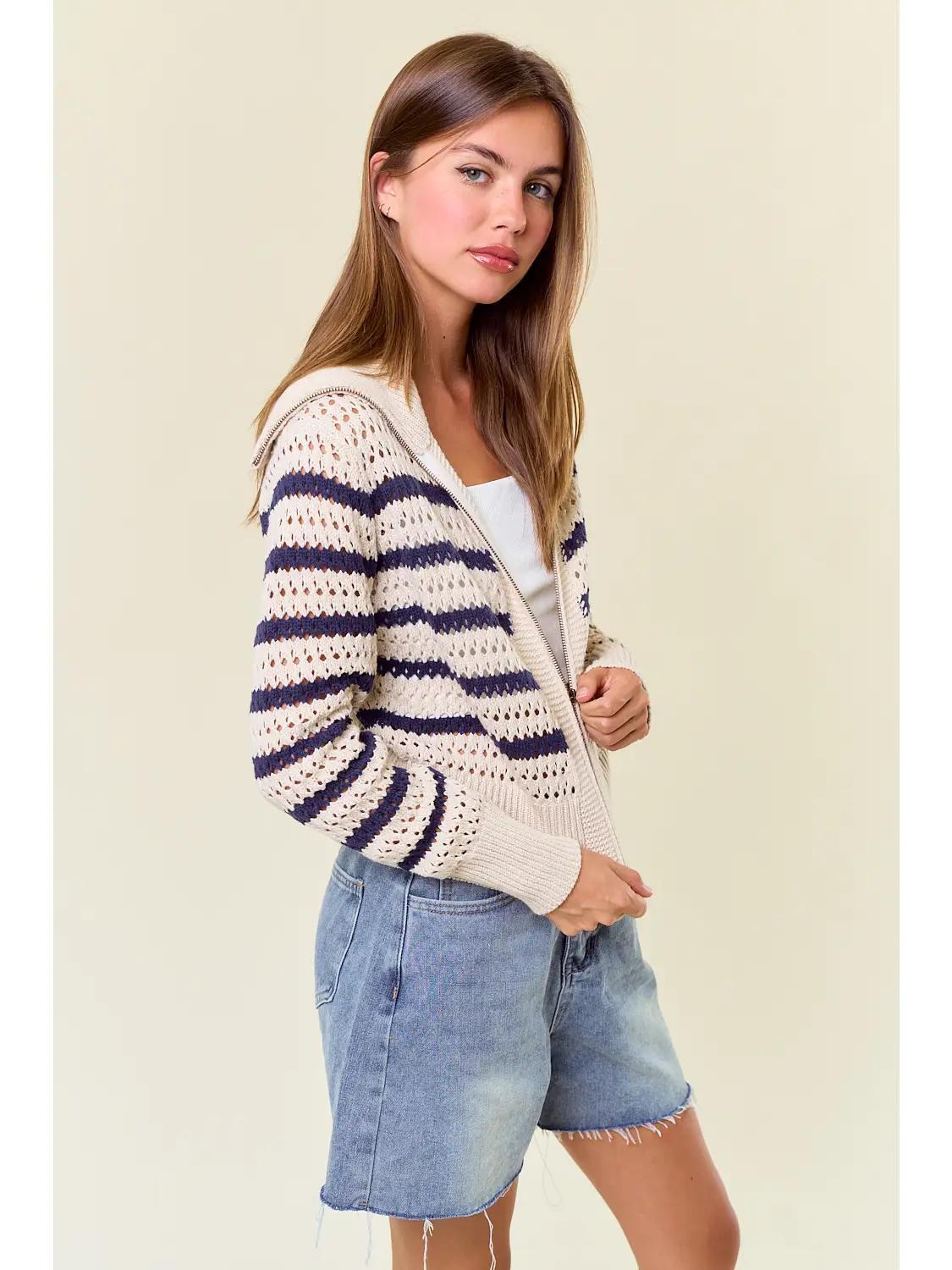 Zip-Up Striped Pointelle Open Knit Sweater Jacket