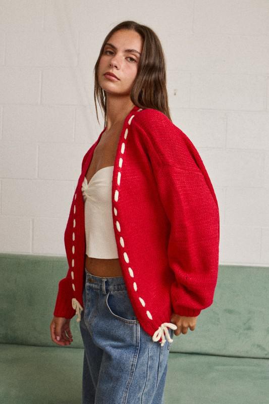 Contrast Stitch Open-Front Cardigan