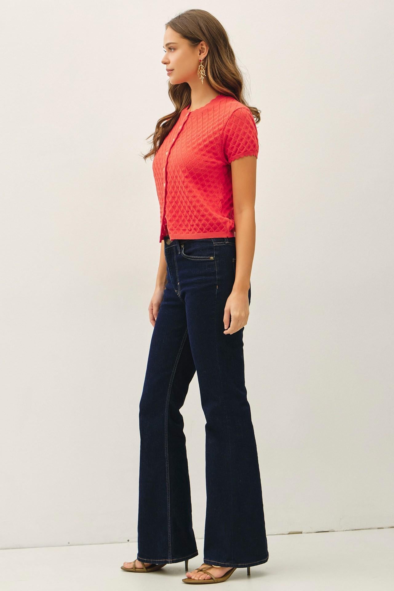 Pointelle Stitch Scalloped Short Sleeve Cardigan