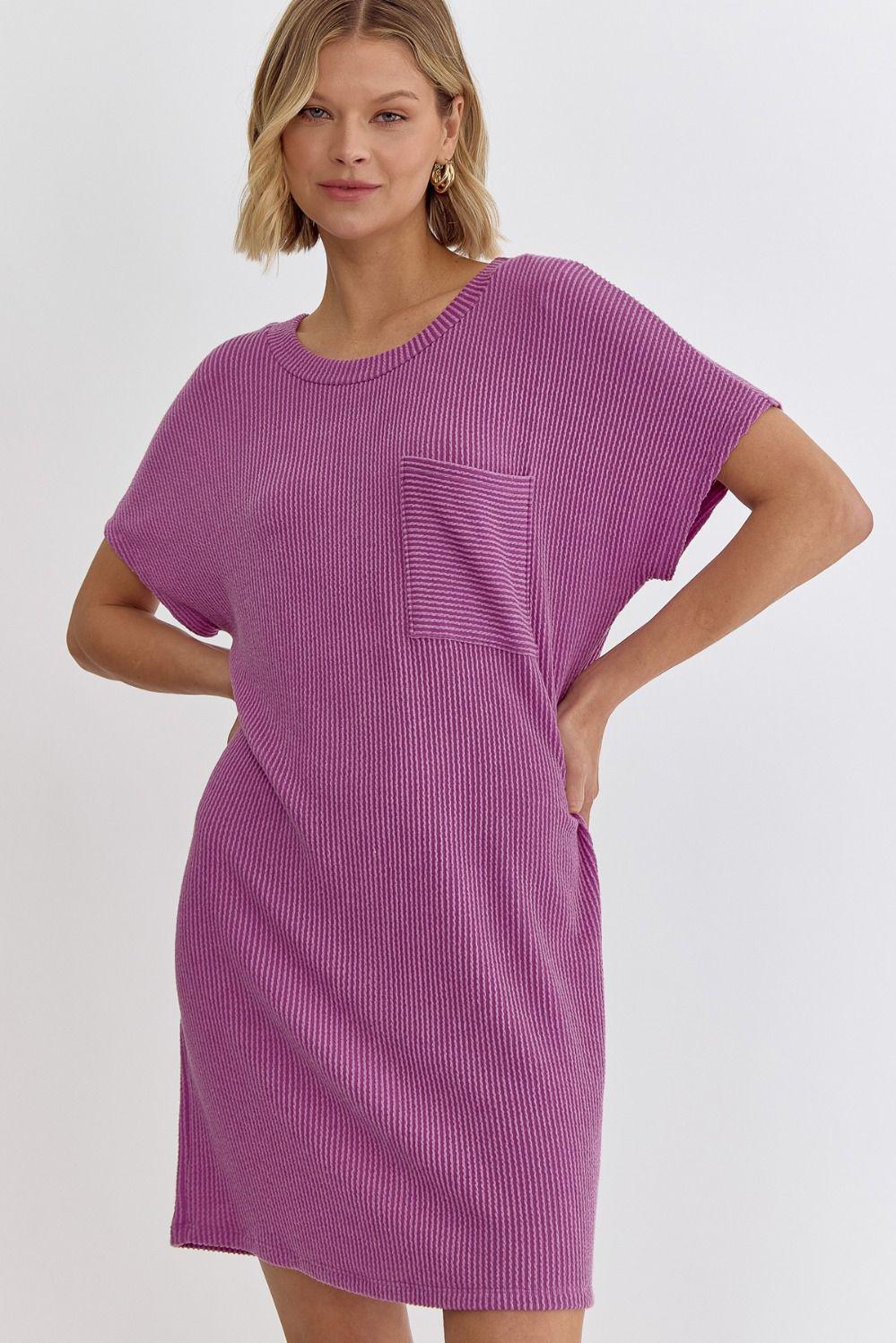 Ribbed Short Sleeve Mini Dress - Purple