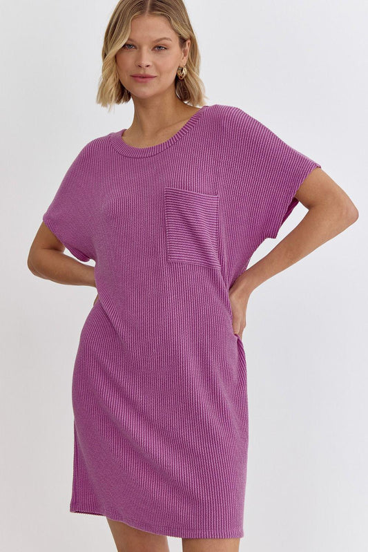 Ribbed Short Sleeve Mini Dress - Purple