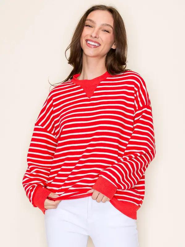 Round Neck Cloudy Knit Stripe Sweatshirt