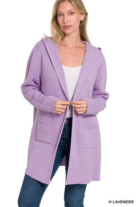 Hooded Open Front Cardigan Sweater - Lavender