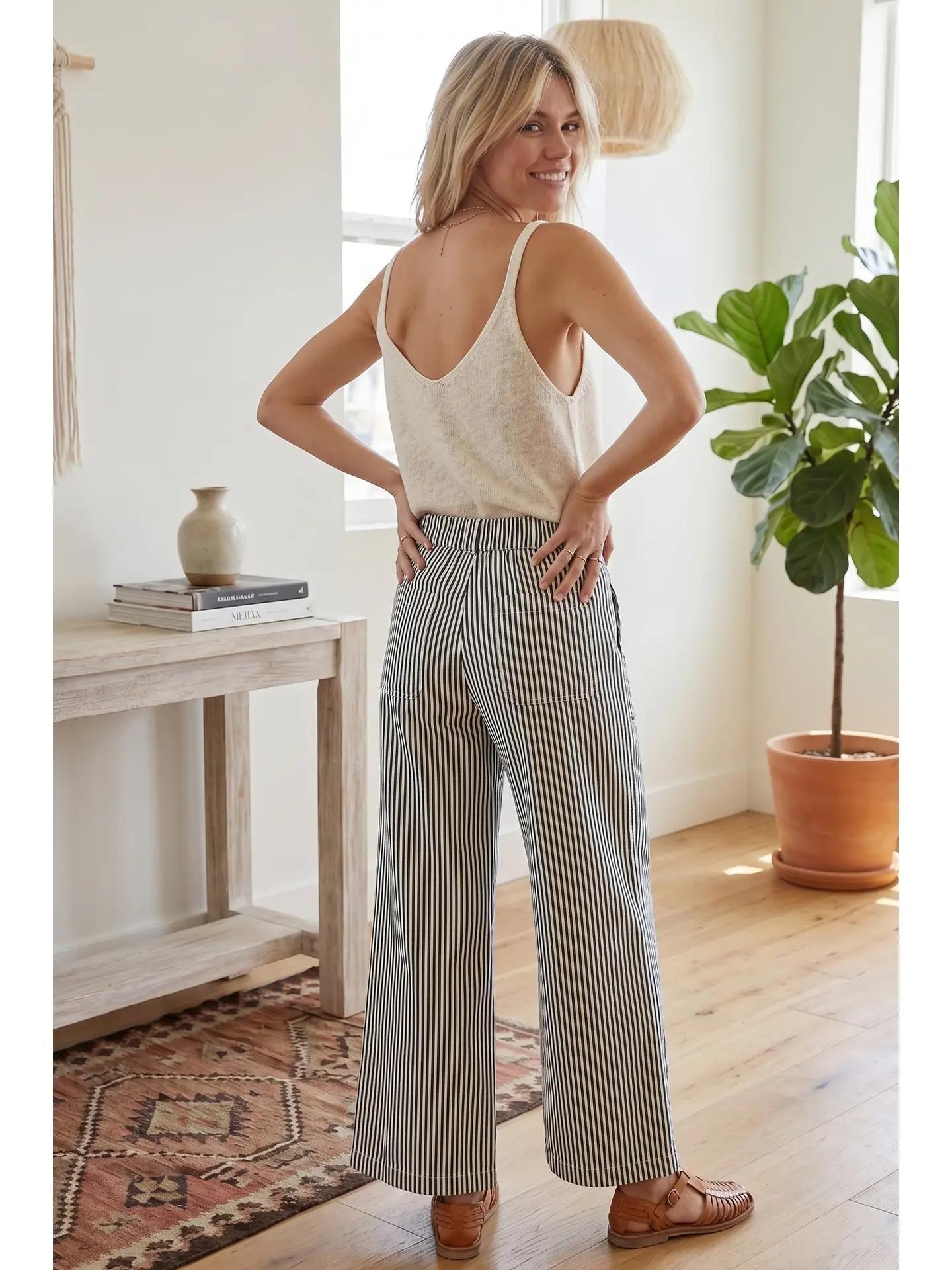 Striped Non Stretch Wide Leg Casual Pants