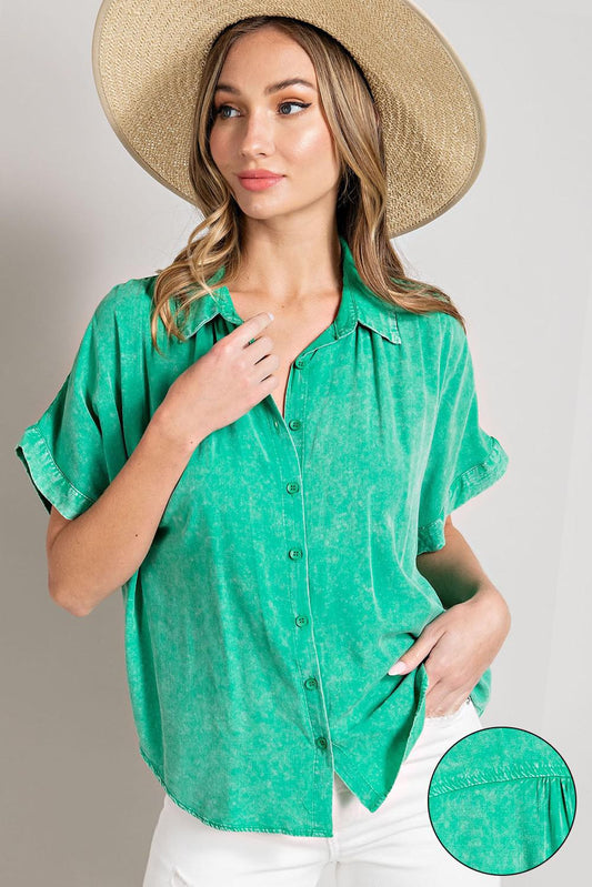 Mineral Washed Button Down Top - Green