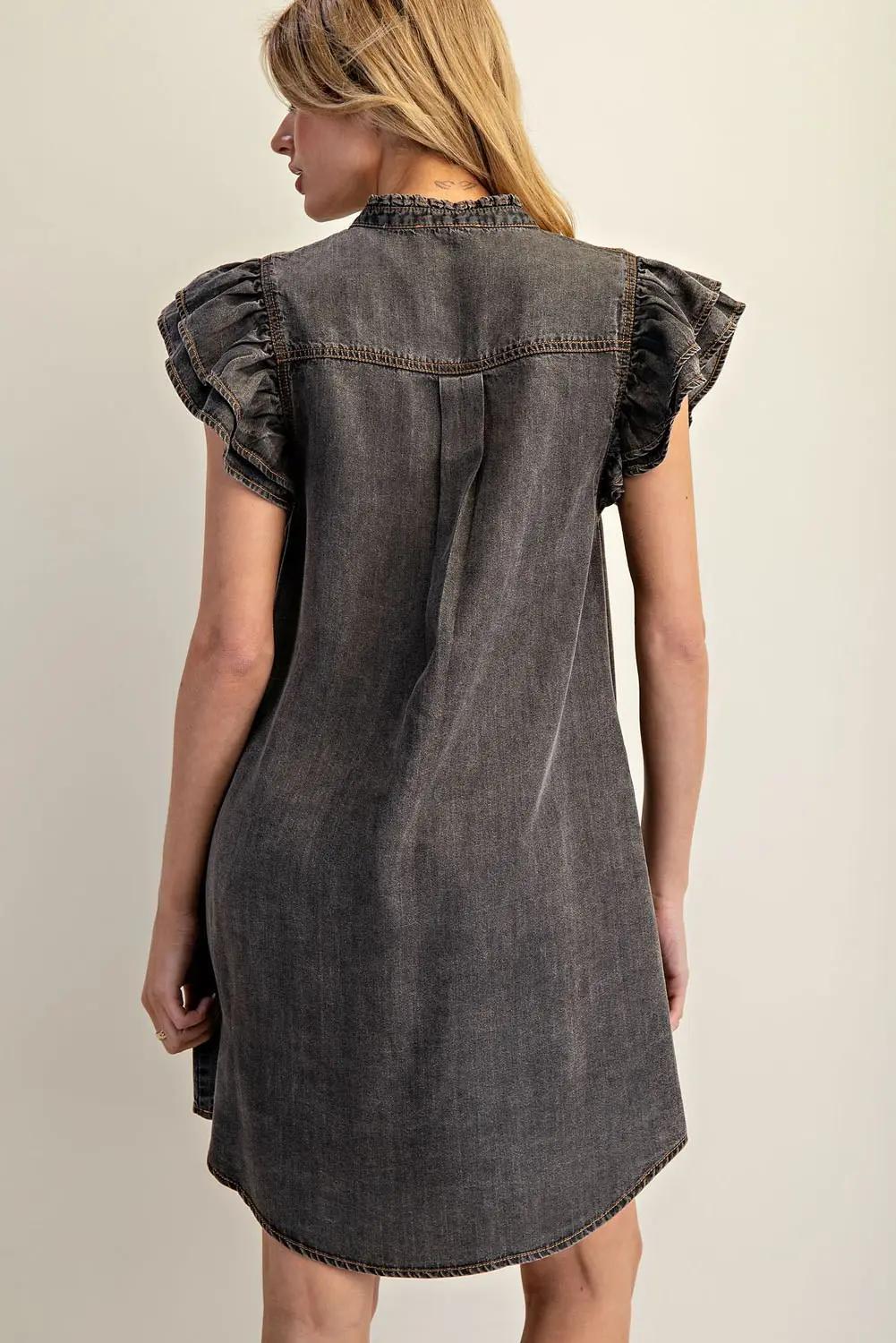 Snow Washed Button Down Ruffle Mini Dress
