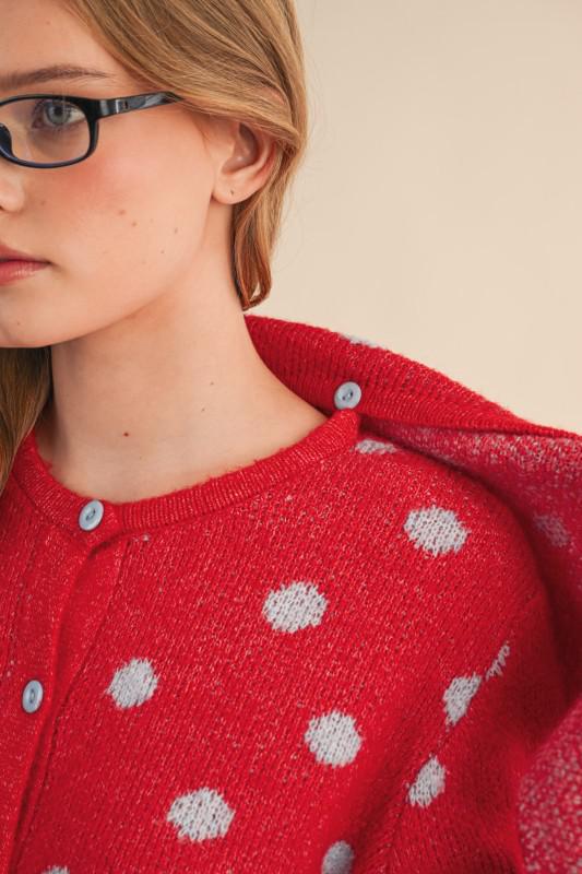 Polka Dot Sweater Cardigan With Detachable Scarf
