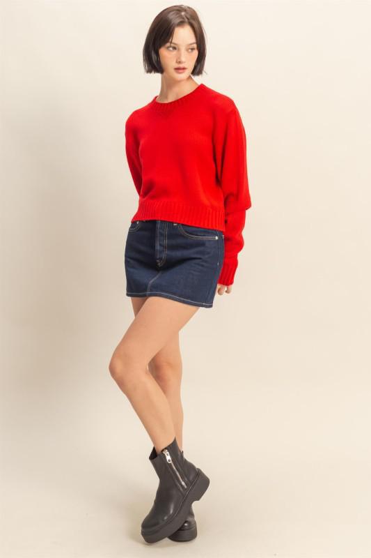 Cropped Long Sleeve Sweater-True Red