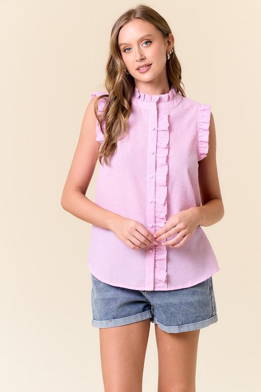 Seersucker Stripe Mock Neck Ruffle Trimmed Shirt