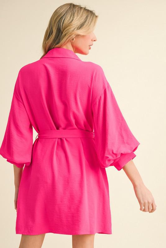 Belted Dress With Pockets-Hotpink