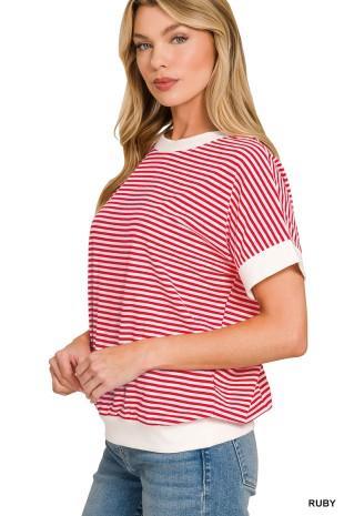 Stripe Contrast Trim Rib Banded Top