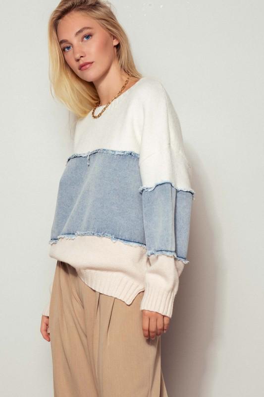 Colorblock Denim Patchwork Sweater