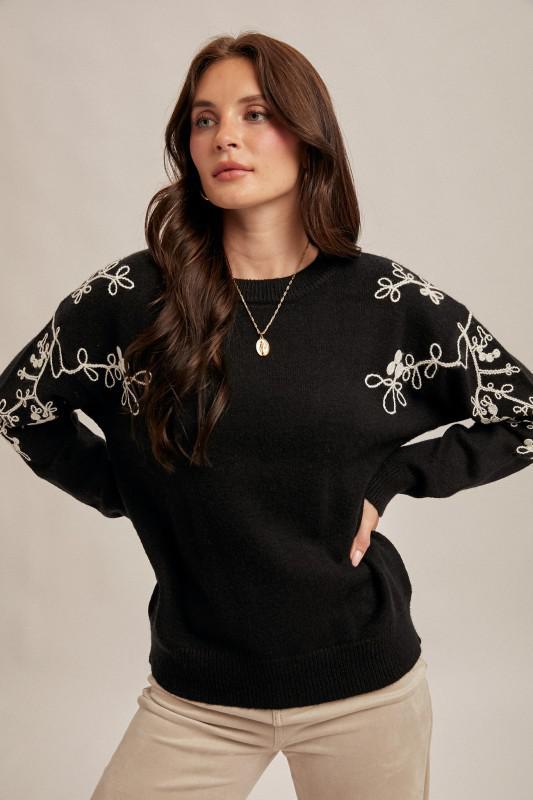 Embroidered Crew Neck Sweater Pullover