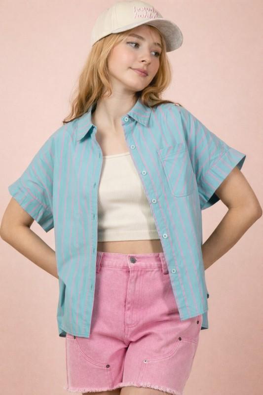Oversized Short Sleeve Striped Button Up