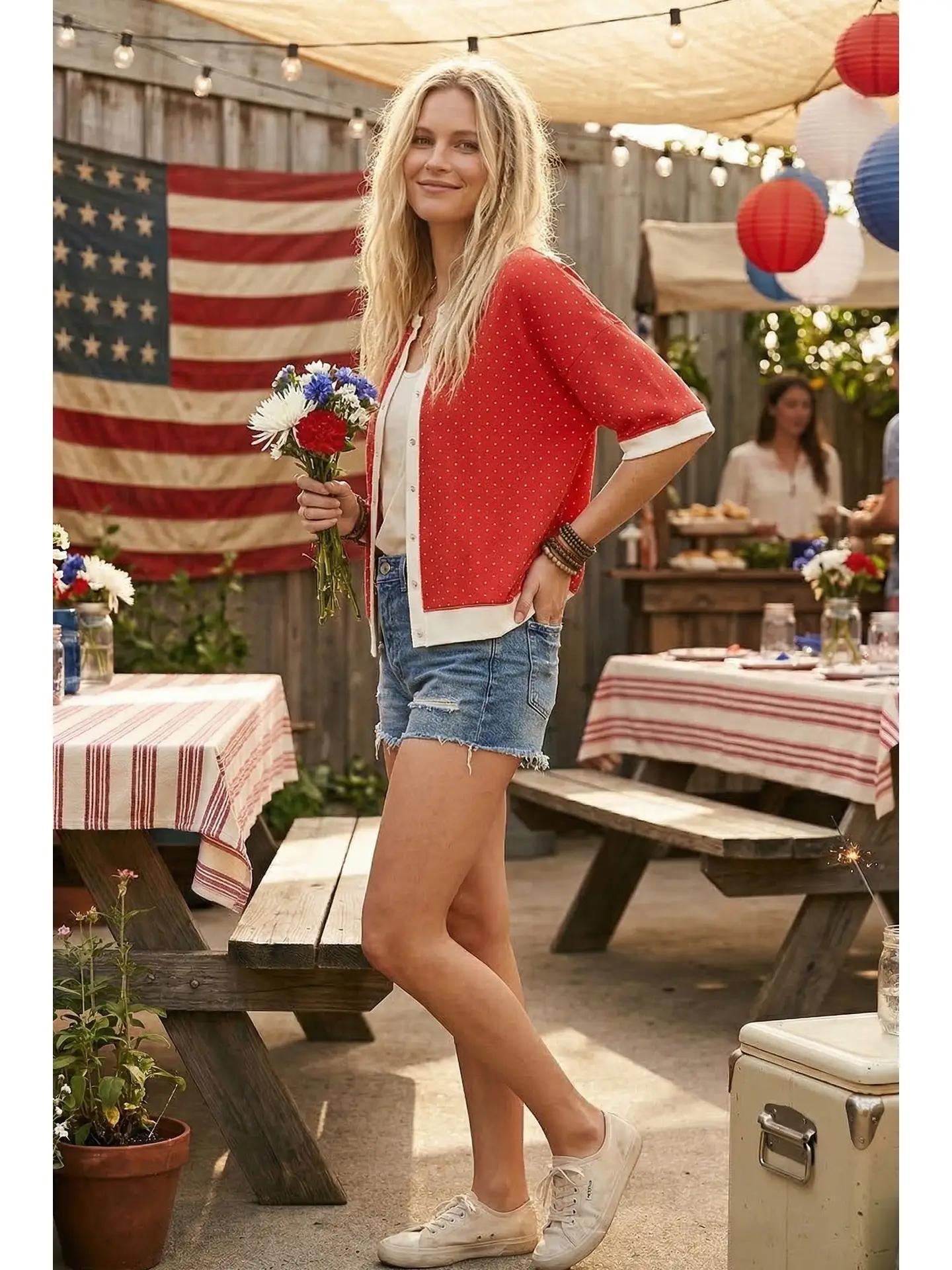 Relaxed Fit Polka Dot Button Front Top