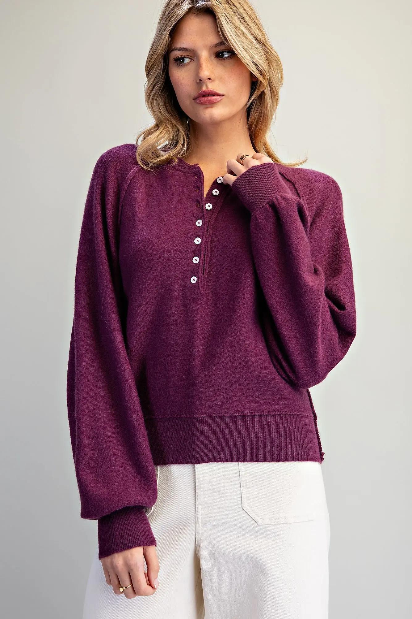 Raglan Henley Half Button Knit Sweater