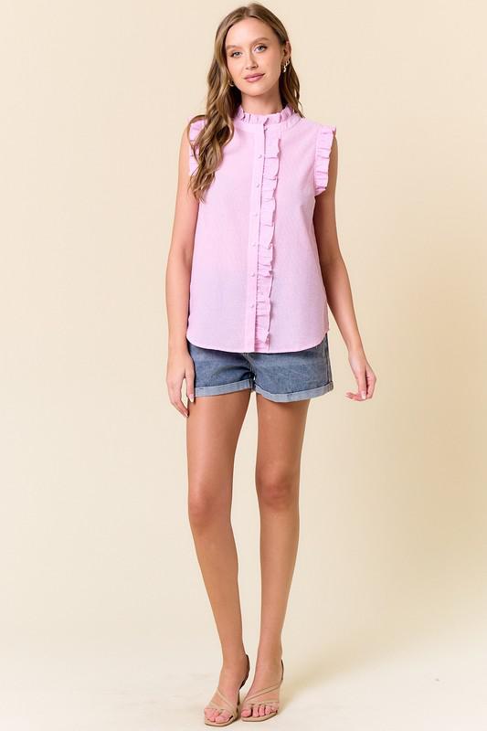 Seersucker Stripe Mock Neck Ruffle Trimmed Shirt