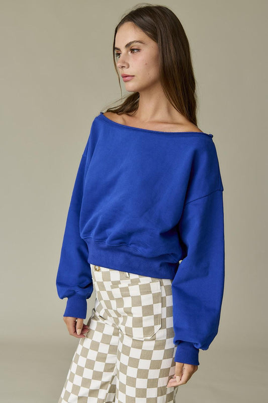 Alina Off Shoulder Crop Sweatshirt - Blue