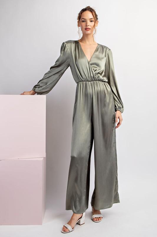 Satin V-Neck Long Sleeve Jumpsuit