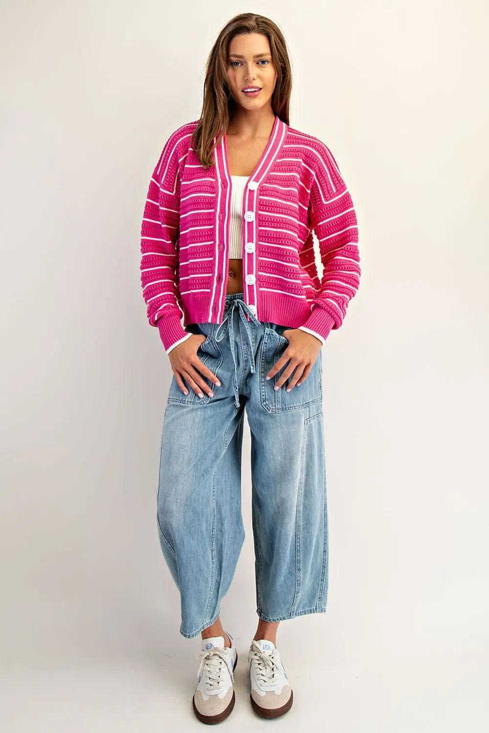 Textured Open Stitch Striped Knit Cardigan