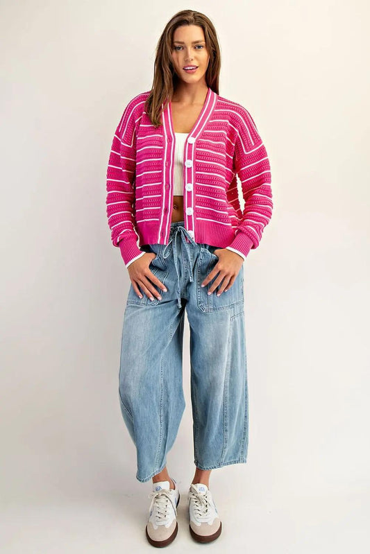 Textured Open Stitch Striped Knit Cardigan