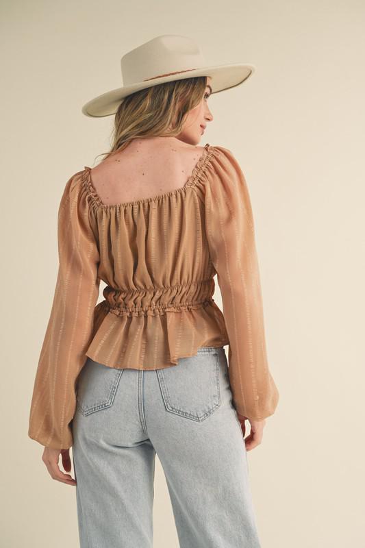 Square Neckline Ruched Bodice Peplum Hem Top-Taupe