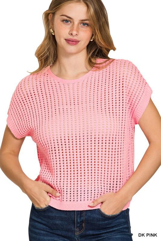 Dark Pink Crochet Knit Sheer Sweater