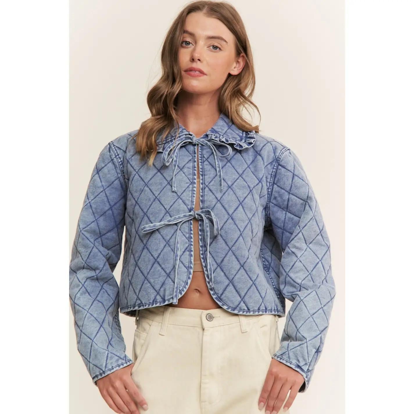 Quilted Denim Crop Jacket with Bow Ties