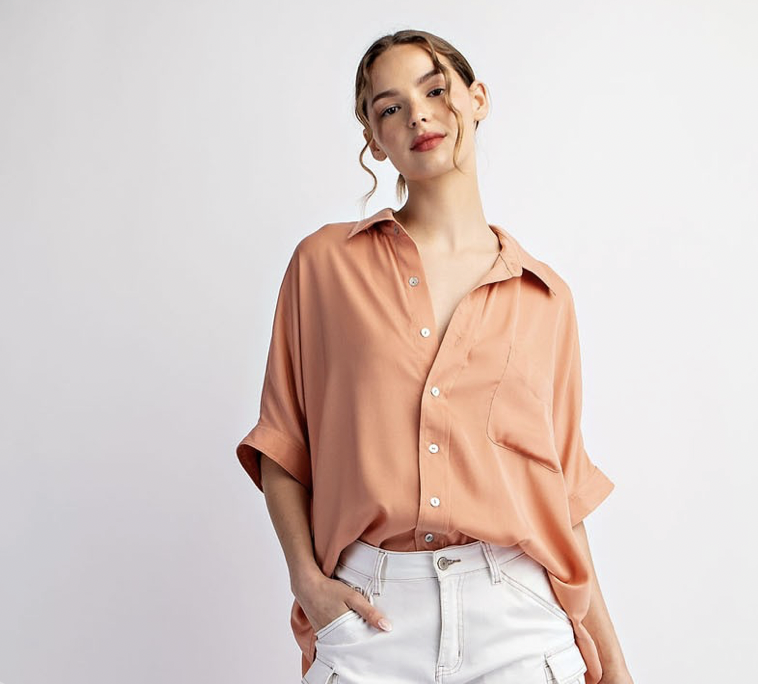 Solid Short Sleeve Button Down - Apricot