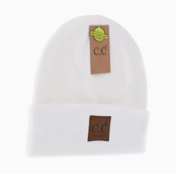 Unisex Soft Ribbed Leather Patch Beanie- White