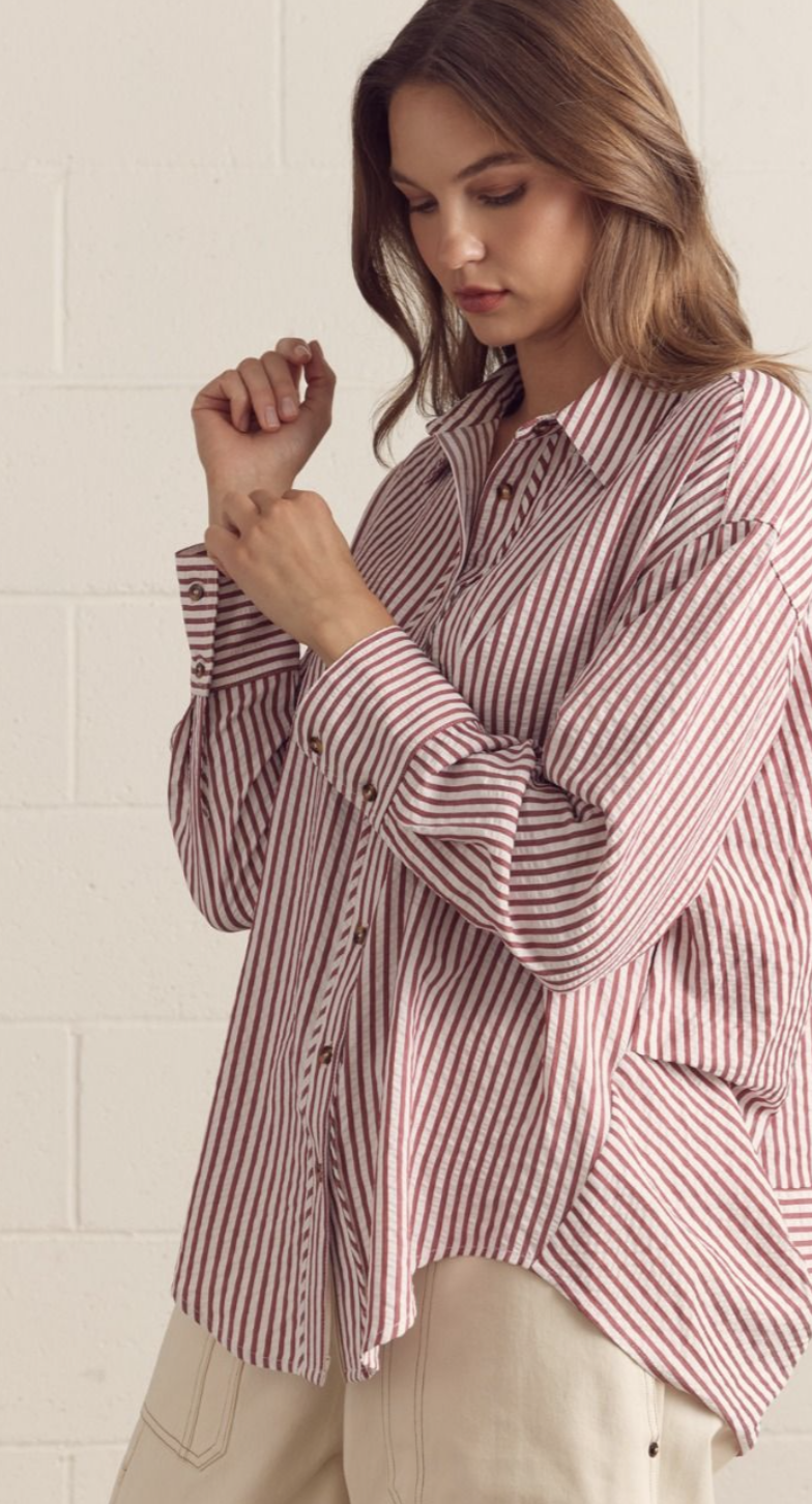 Striped Long Sleeve Wine Button Down