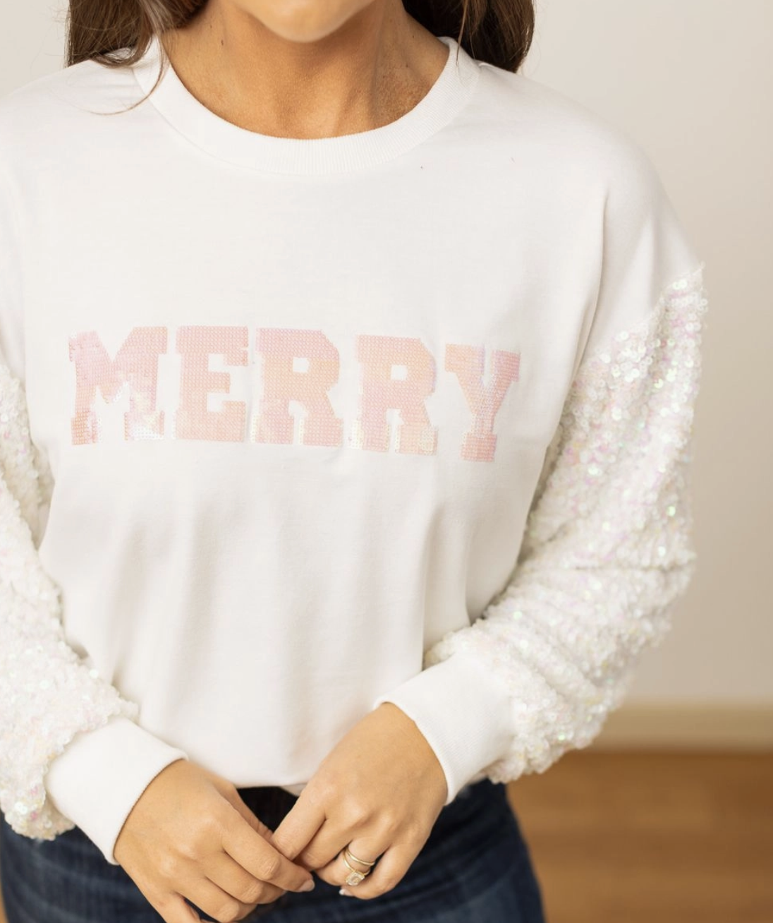 Merry Sequins White Sweater with Sequin Sleeves