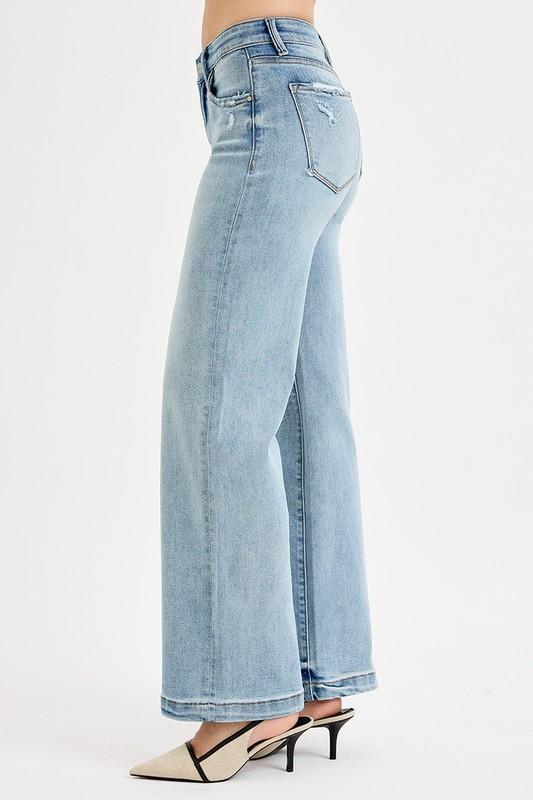 Risen Elastic Band Mid Rise Wide Leg Distressed Jean