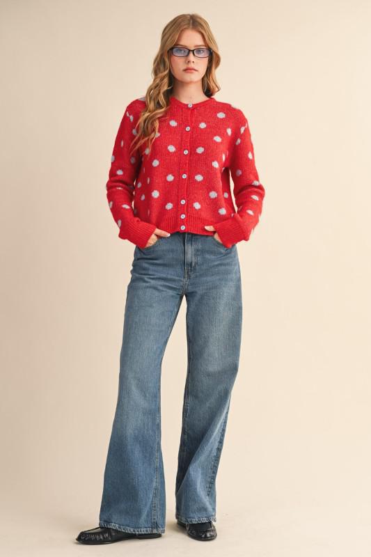 Polka Dot Sweater Cardigan With Detachable Scarf