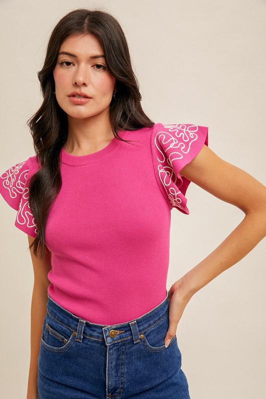 Embroidered Ruffle Sleeve Sweater Top