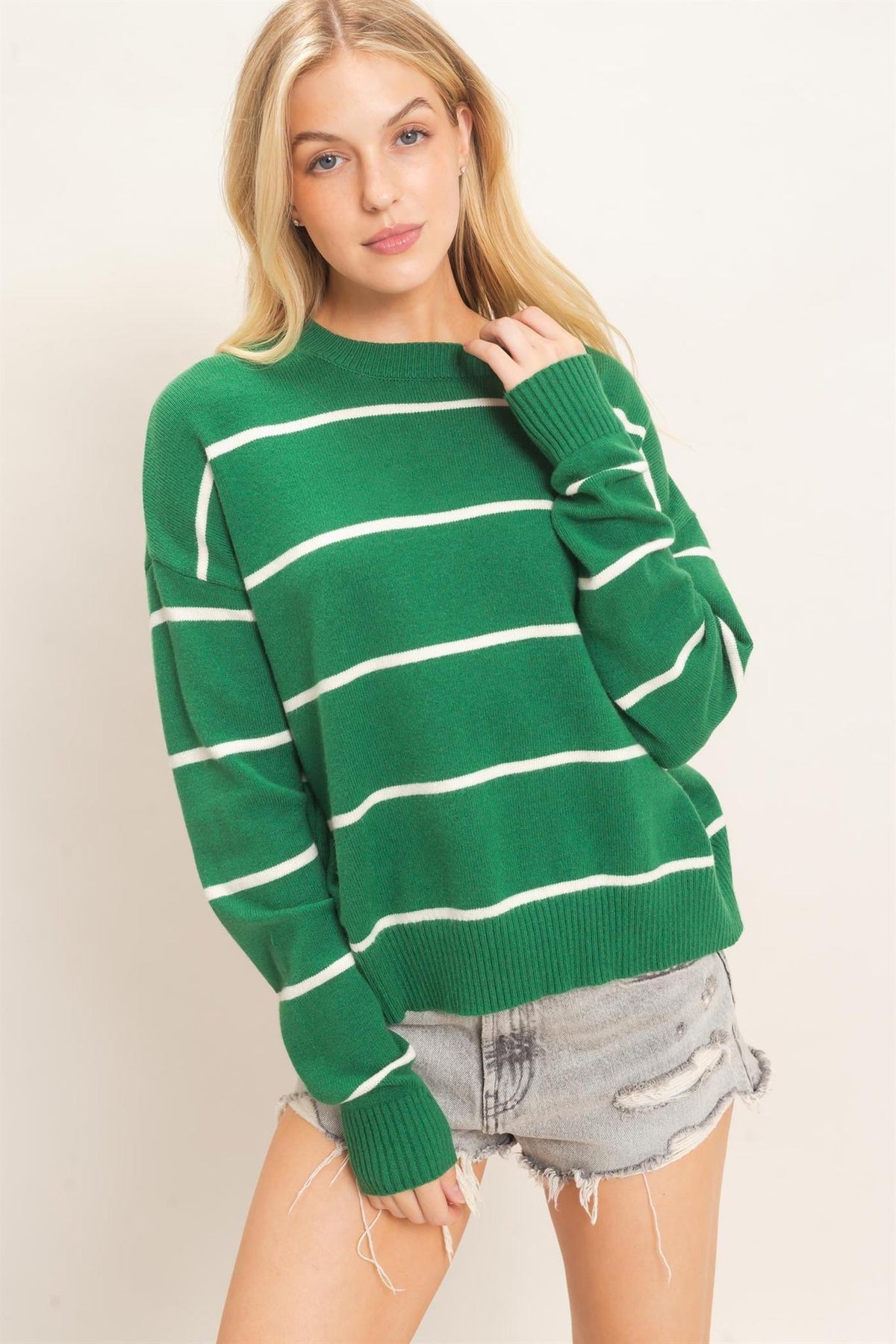 Striped Ribbed Crew Neck Sweater