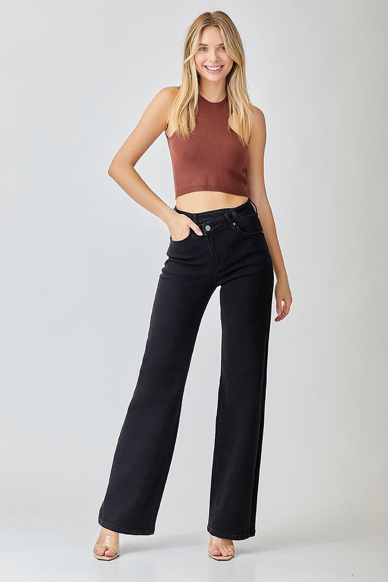 High Rise Crossover Wide Straight Black Jean