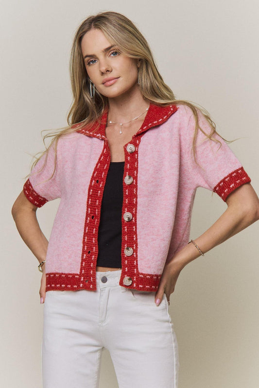 Collared Short Sleeve Knit Cardigan Top