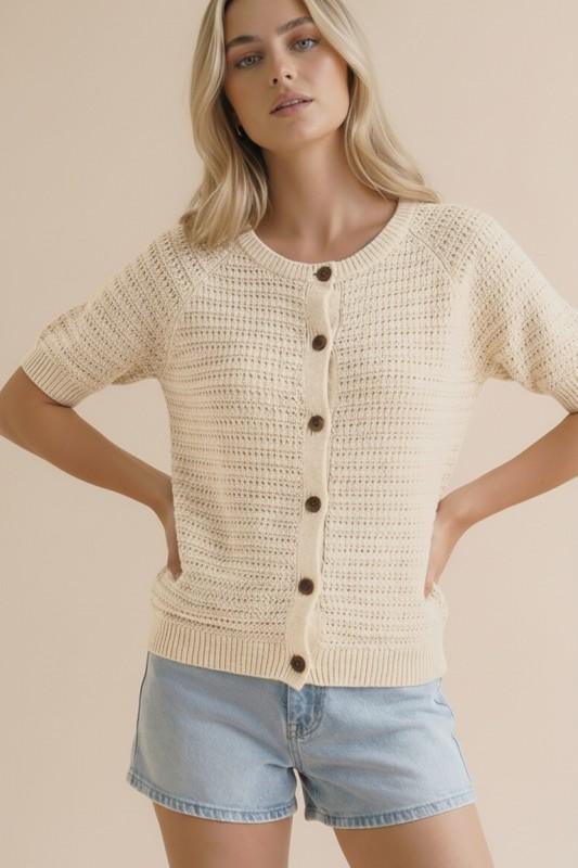 Raglan Short Sleeve Button Down Sweater Top