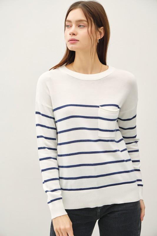 Marine Blue Lightweight Stripe Front Pocket Sweater