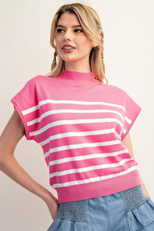 Short Sleeve Stripe Top-Pink