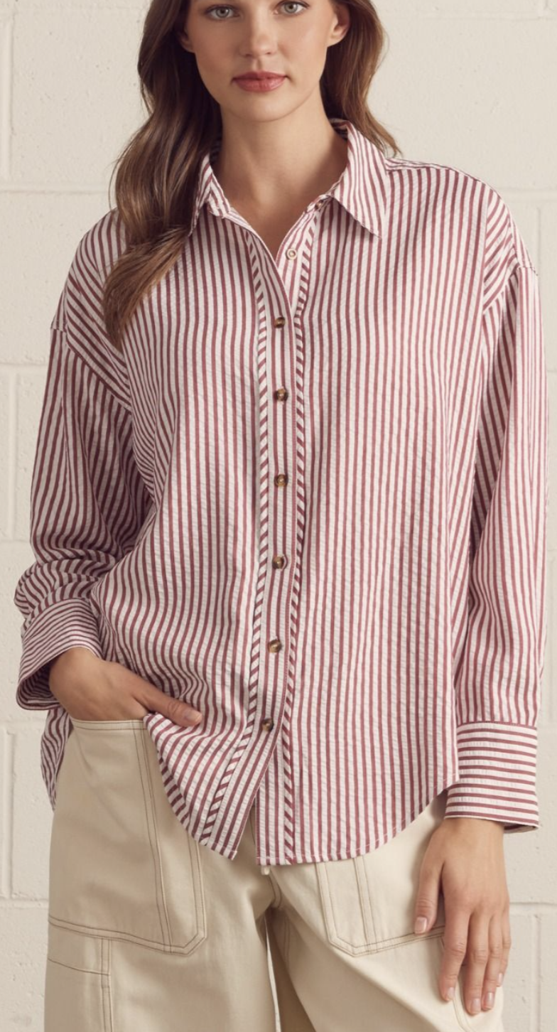 Striped Long Sleeve Wine Button Down
