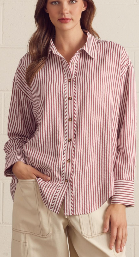 Striped Long Sleeve Wine Button Down